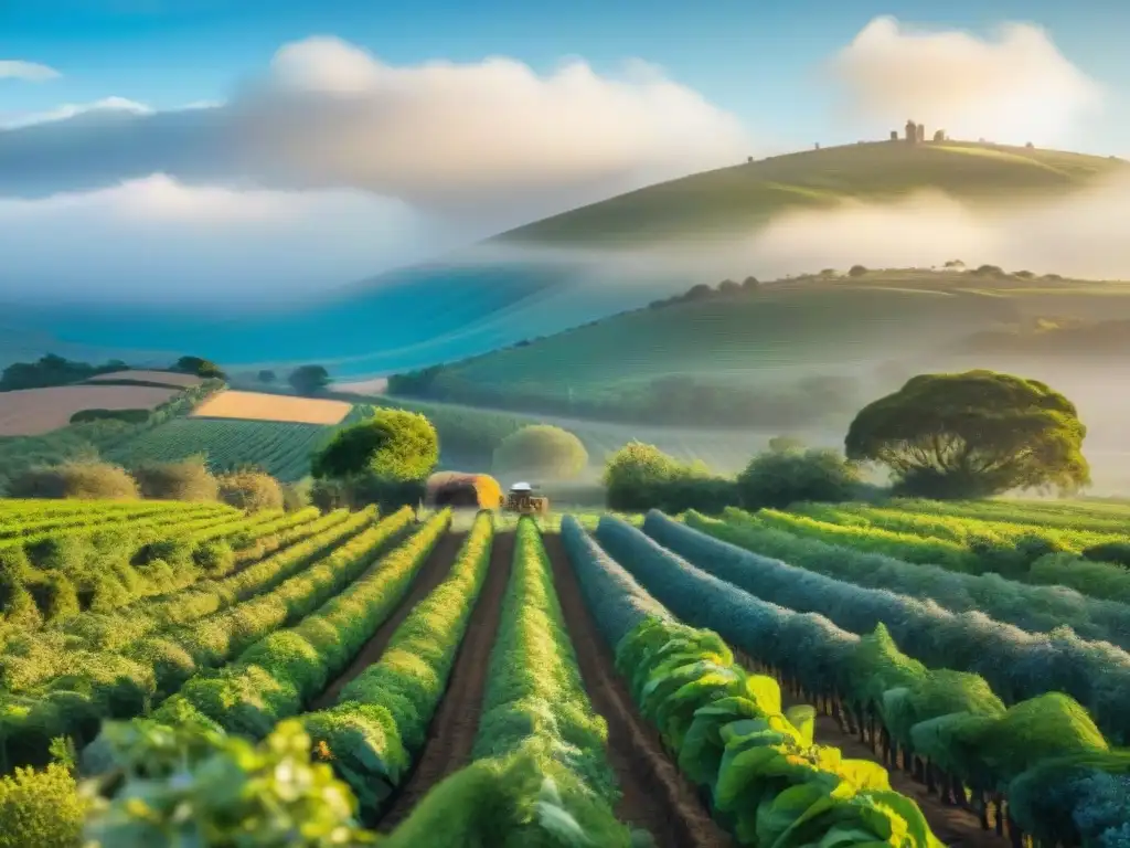 Un huerto orgánico vibrante y exuberante en Uruguay, con variedad de cultivos bajo el sol dorado