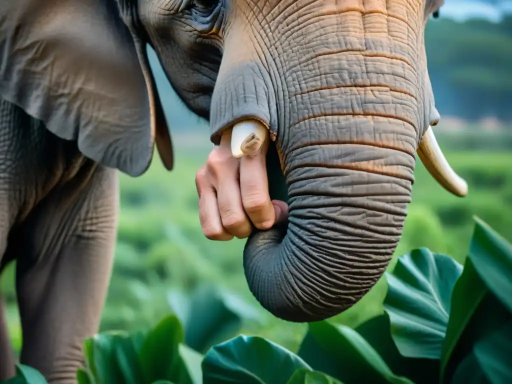 Interacción humana y fauna en Uruguay: Mano acariciando elefante en santuario, mostrando vínculo profundo y conmovedor