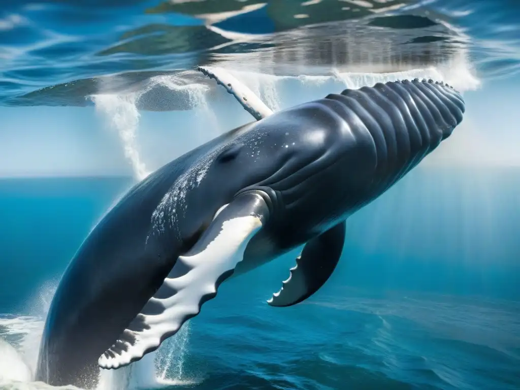 Interacción humana y fauna Uruguay: Ballena franca austral emergiendo del mar, con gotas brillantes bajo el sol, en aguas uruguayas