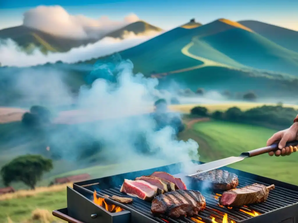 El humo de la parrilla uruguaya se mezcla con el paisaje campestre, donde gauchos cocinan carne al fuego