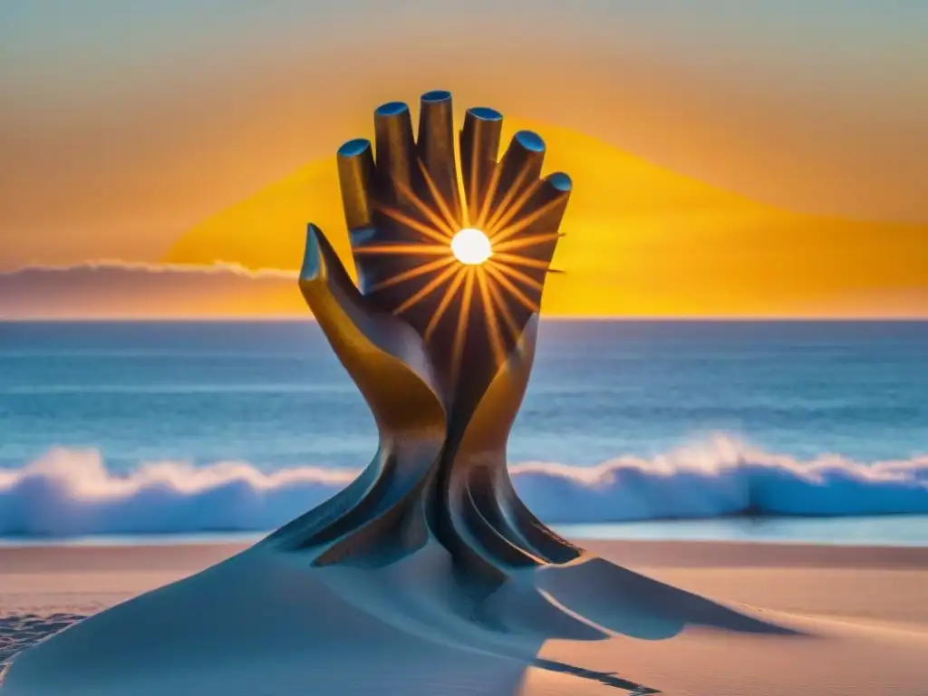 El icónico atardecer en Punta del Este, Uruguay, con la vibrante escultura de La Mano bañada por la cálida luz dorada del sol