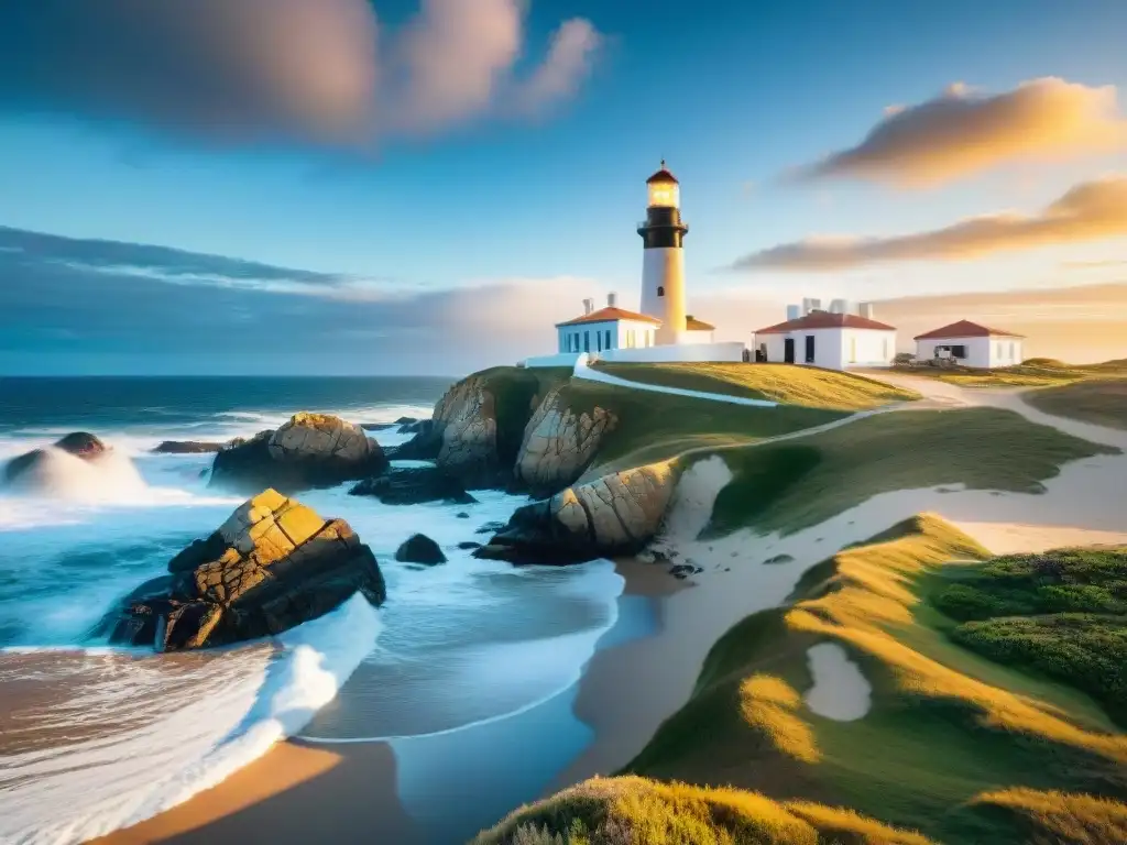 El icónico faro de Cabo Polonio en Uruguay durante un vibrante atardecer, con la cálida luz dorada iluminando las dunas y las olas