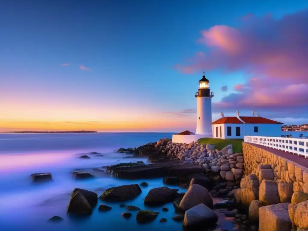 Fotografía HDR en Uruguay: el icónico faro de Punta del Este destacando en un vibrante atardecer sobre la bulliciosa marina