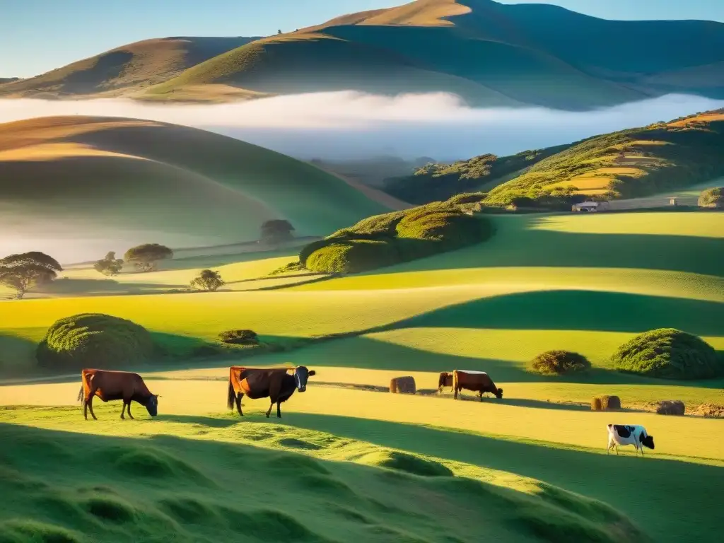 Idílica estancia en Uruguay: colinas verdes, ganado y casa rústica bajo el cálido sol