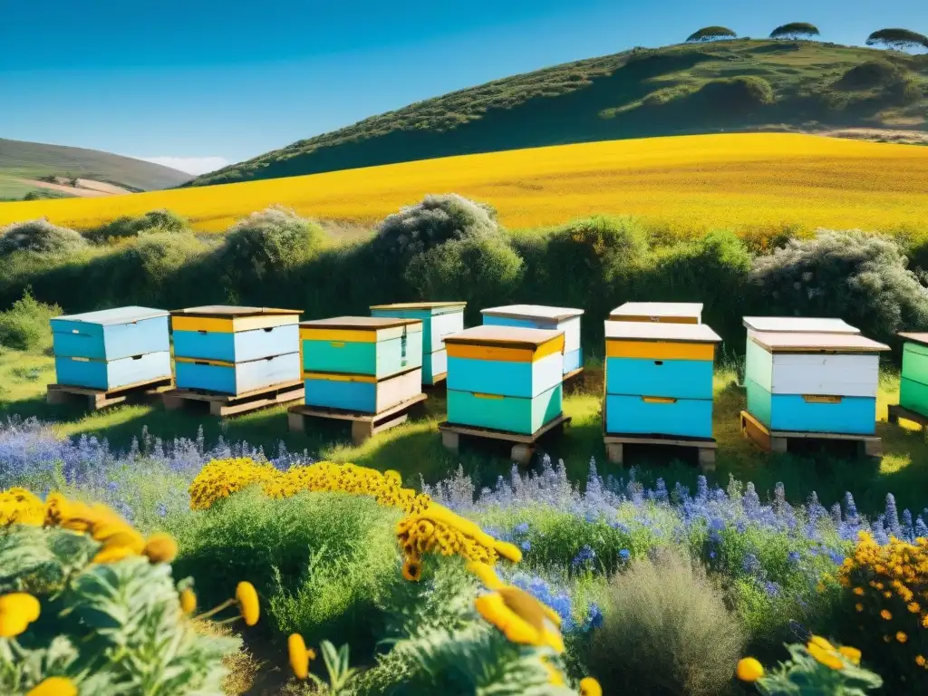 Un idílico apiario en las colinas de Uruguay, con abejas recolectando néctar entre flores silvestres