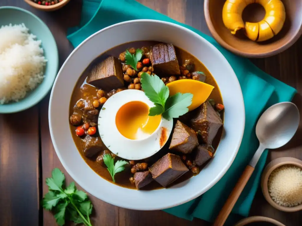 Una ilustración detallada de un delicioso plato de Chivo al Coco de la cocina afrouruguaya, rodeado de utensilios tradicionales