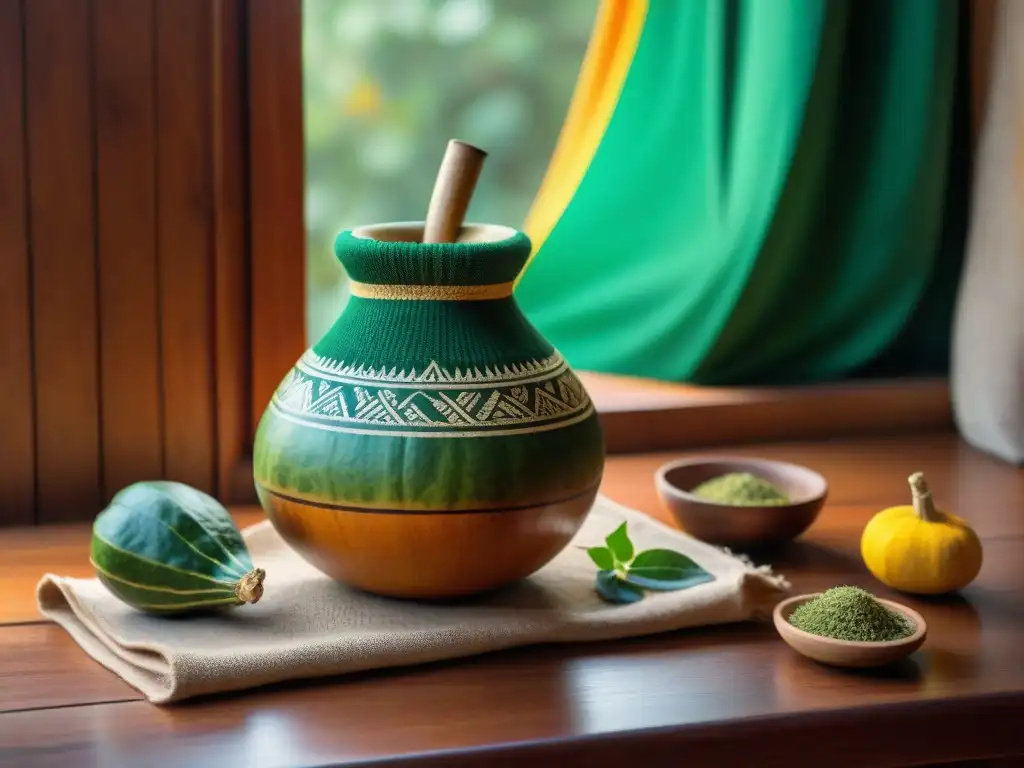 Una imagen de alta resolución que muestra una calabaza tradicional uruguaya (mate) llena de hojas de yerba mate, junto a una bombilla rústica, sobre una mesa de madera adornada con un poncho colorido y una bolsa de cuero