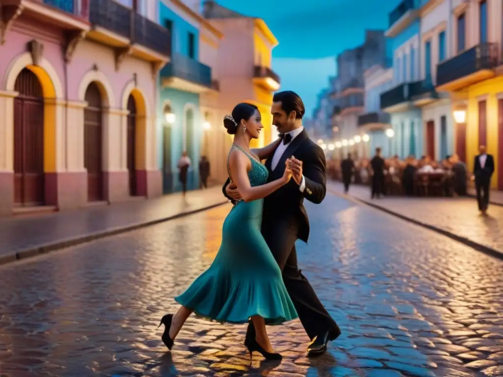 Una imagen de alta resolución capturando a una pareja bailando tango en las calles empedradas de Montevideo al atardecer