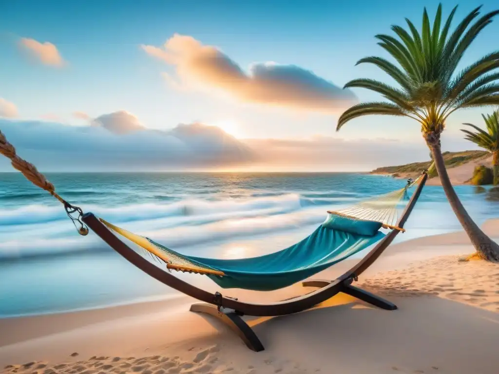 Una imagen de alta resolución que muestra una playa serena en Uruguay, con una hamaca entre palmeras, creando un ambiente tranquilo y acogedor