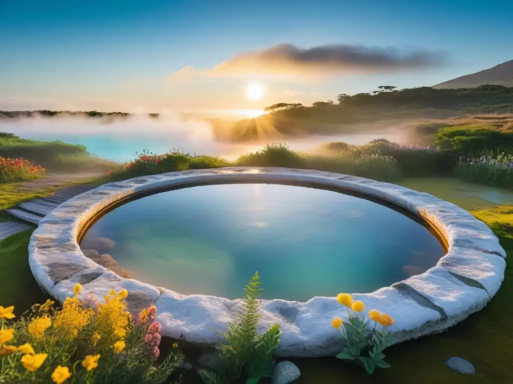 Imagen detallada de aguas curativas en Uruguay, rodeadas de naturaleza exuberante y flores silvestres