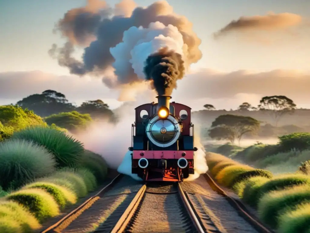 Imagen detallada de un antiguo tren a vapor recorriendo vías históricas en Uruguay al atardecer