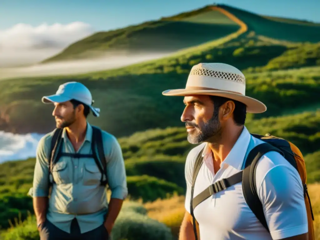 Una imagen detallada de aventureros con gorras para protegerse del sol en Uruguay, destacando la diversidad de estilos