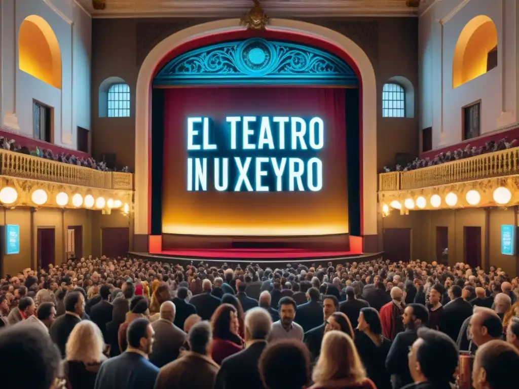 Una imagen detallada de un bullicioso vestíbulo de teatro en Montevideo, Uruguay