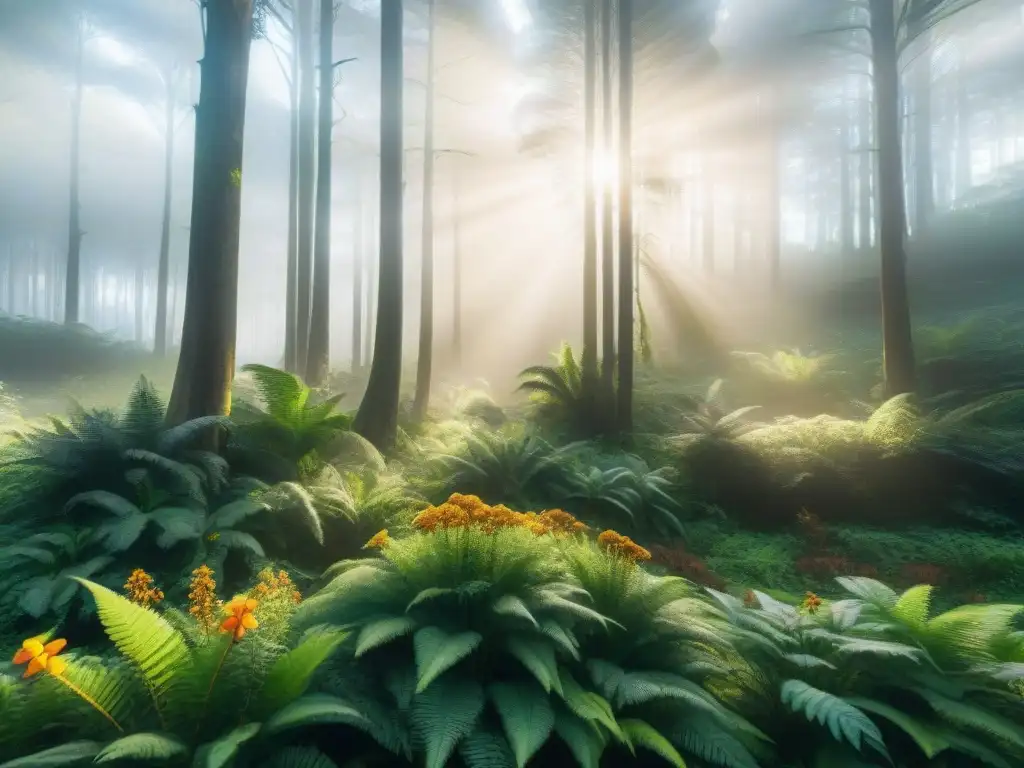 Imagen detallada de un exuberante bosque en Uruguay, mostrando ecosistemas vibrantes y biodiversidad única