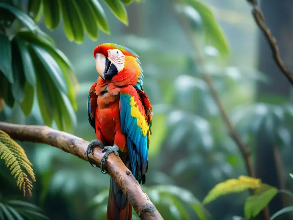 Imagen detallada de un guacamayo escarlata en un bosque tropical de Uruguay