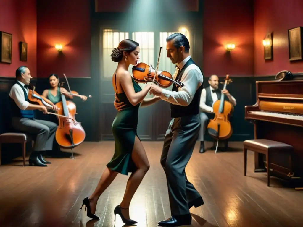 Una imagen 8k detallada de músicos tocando bandoneón, violín y piano en un club de tango en Montevideo, Uruguay