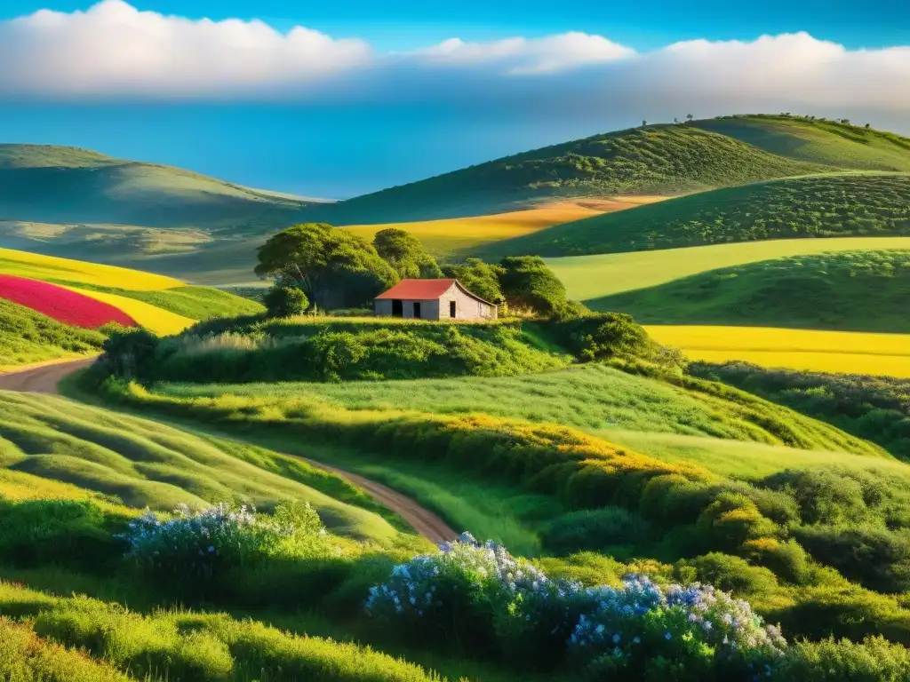 Imagen detallada de un paisaje rural sereno en Uruguay con colinas verdes, casa de madera y flores silvestres