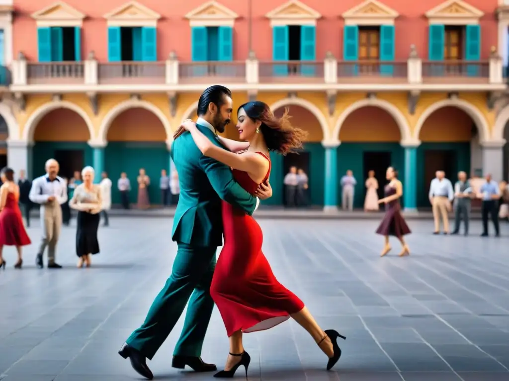 Una imagen detallada de la icónica Plaza Fabini en Montevideo durante un vibrante festival de tango