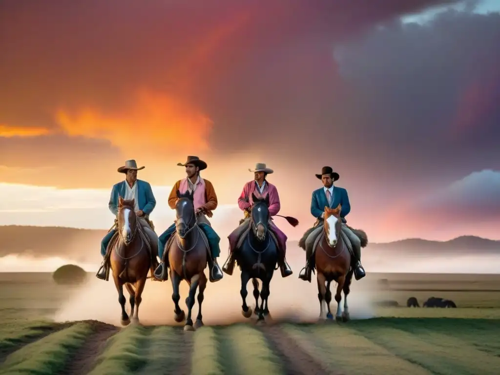 Una imagen documental impresionante de gauchos uruguayos tradición campiña, galopando al atardecer en la llanura