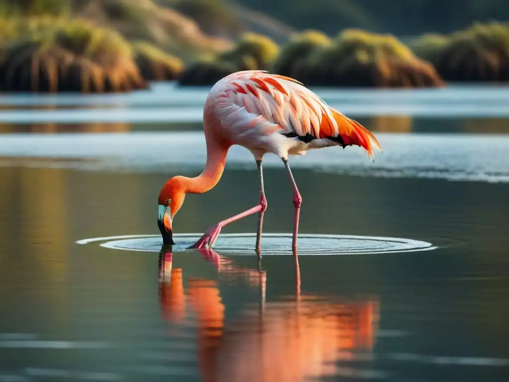 Imagen de un flamenco rosa en Laguna Garzón al atardecer, destacando la belleza de las áreas protegidas en Uruguay