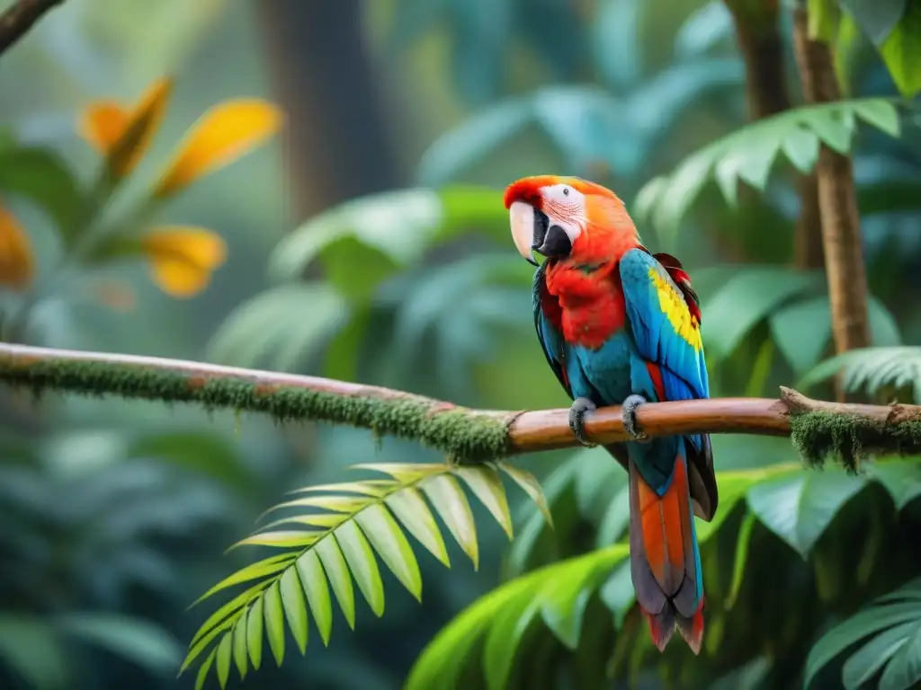 Imagen de un guacamayo escarlata en su hábitat natural de Uruguay, rodeado de aves hermosas en una exuberante selva tropical