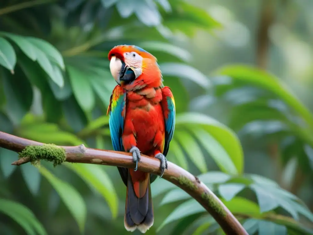 Imagen de una hermosa ave en Uruguay, un guacamayo escarlata vibrante en la selva tropical