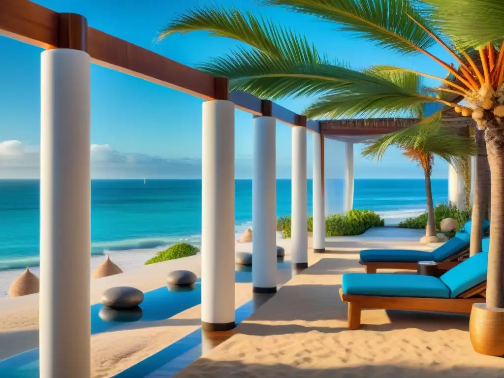 Imagen de un lujoso spa en la costa uruguaya con cabanas de madera, sillas lounge y palmeras en la playa