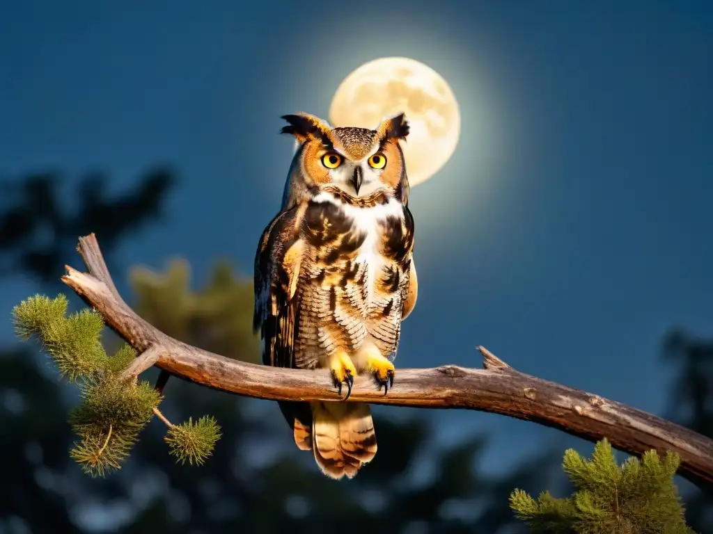 Imagen de un majestuoso Búho Cornudo en un bosque uruguayo bajo la luna