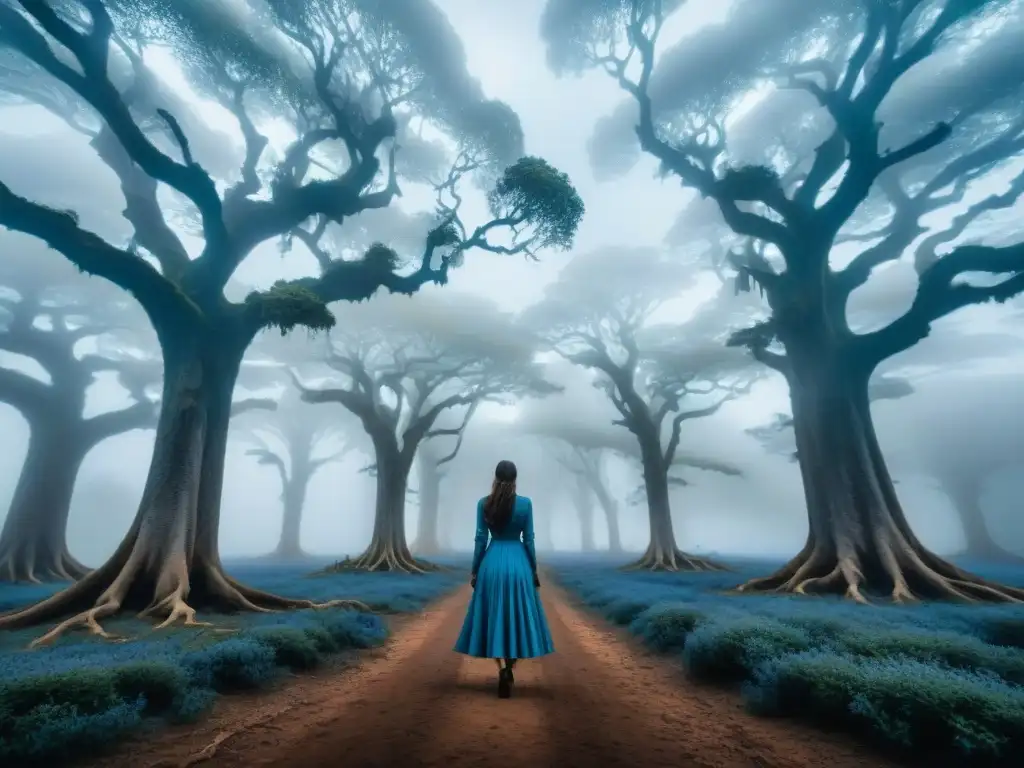 Imagen misteriosa de un bosque uruguayo con la Dama de Azul, evocando su enigmática leyenda