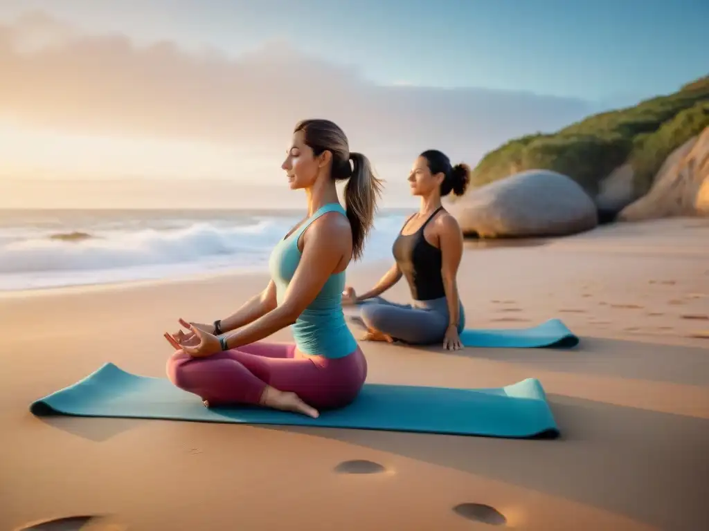 Imagen serena de pareja practicando yoga al amanecer en playa de Uruguay