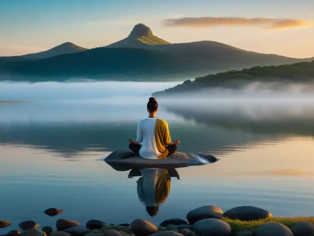 Imagen de la serenidad al amanecer en Laguna Garzón, Uruguay, con meditación