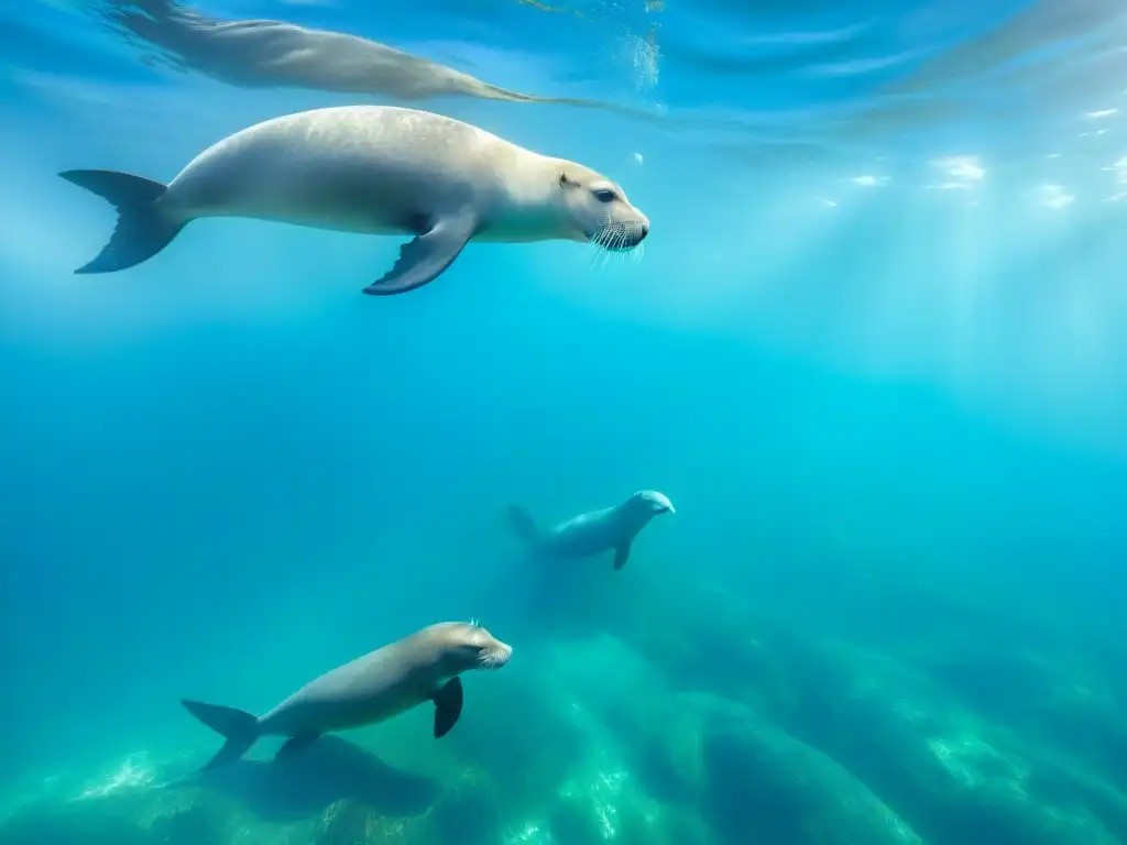 Una imagen submarina cautivadora de lobos marinos nadando con gracia en aguas cristalinas de Uruguay