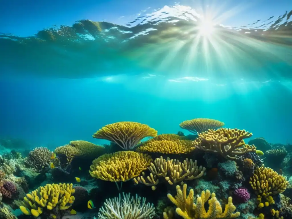 Imagen submarina vibrante de un arrecife de coral diverso frente a Uruguay, resaltando la belleza del turismo acuático sostenible en Uruguay