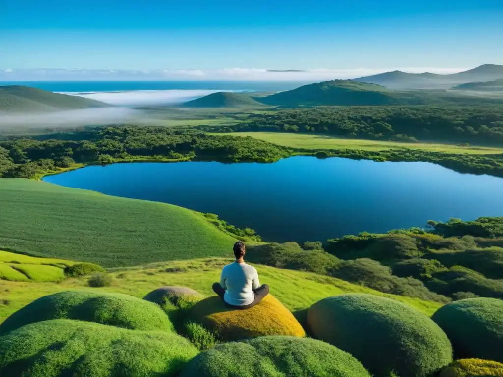 Imagen tranquila de paisajes verdes en Uruguay con río sereno y meditación