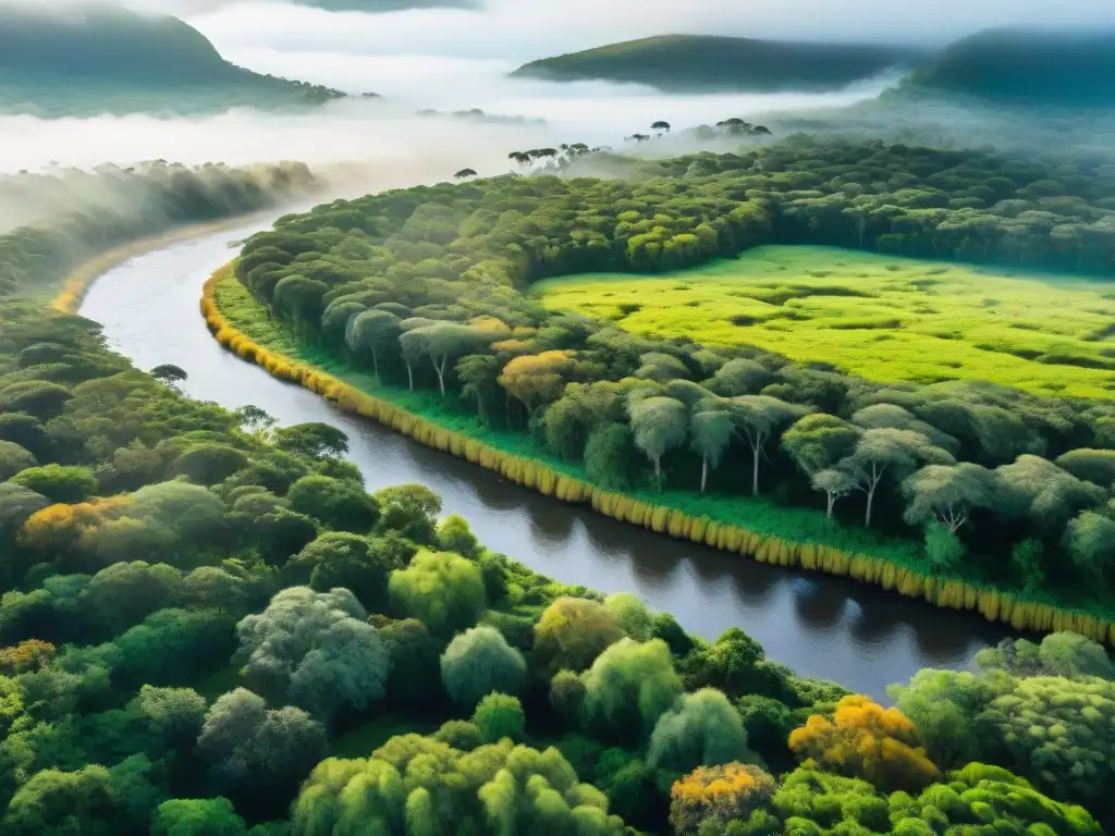 Imagen vibrante de bosque exuberante en Uruguay con aves coloridas, arroyo cristalino y familia de carpinchos