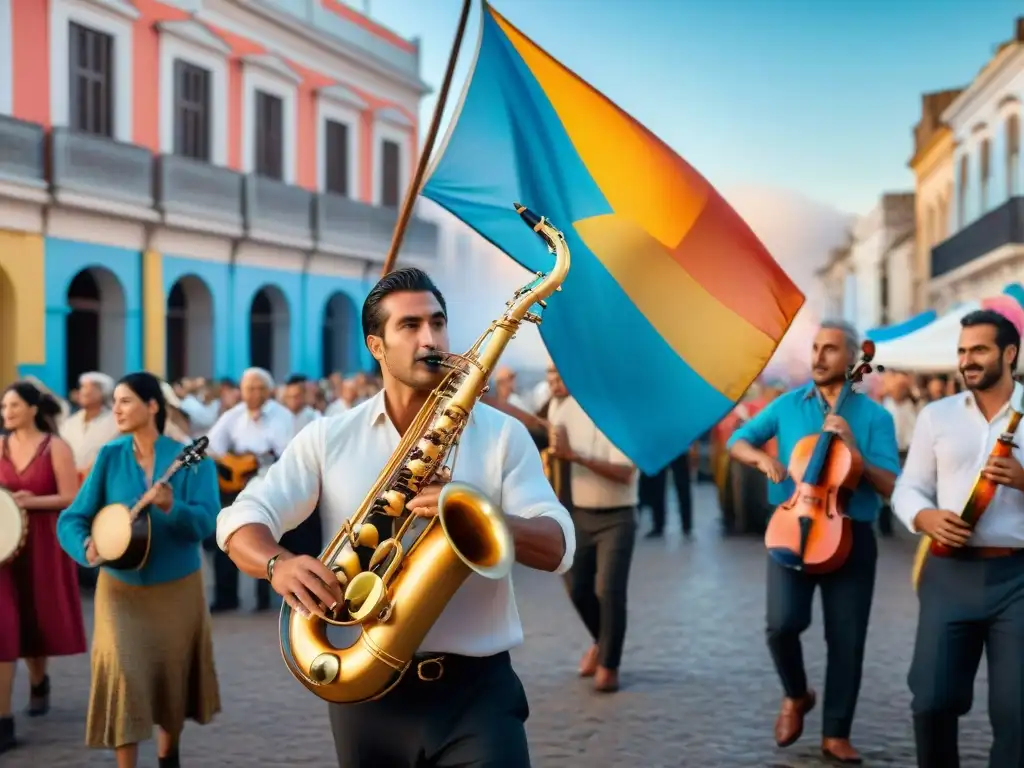 Imagen vibrante de festival cultural en Uruguay con música tradicional, baile y diversa audiencia