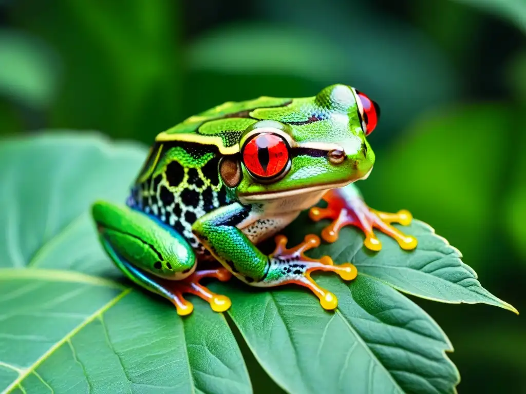 Impacto de cambios climáticos en la fauna de Uruguay: Rana verde con ojos rojos en exuberante selva, mostrando patrones camuflaje