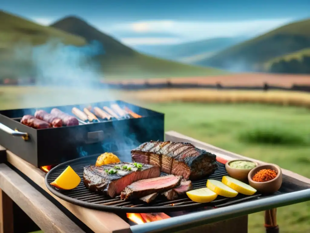 Imponente asado uruguayo en el campo: gaucho experto cocina carne a la parrilla