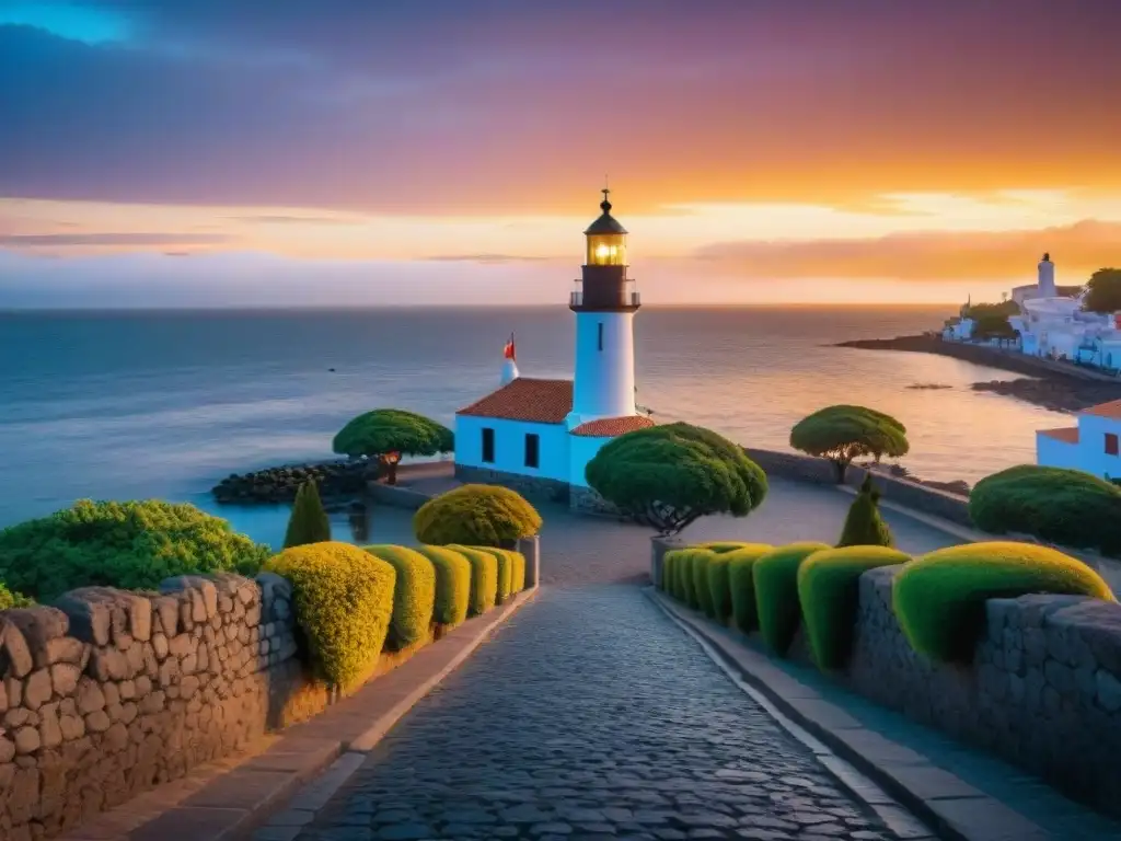 Imponente atardecer sobre Colonia del Sacramento, Uruguay, con su faro y calles empedradas rodeadas de edificios coloniales coloridos