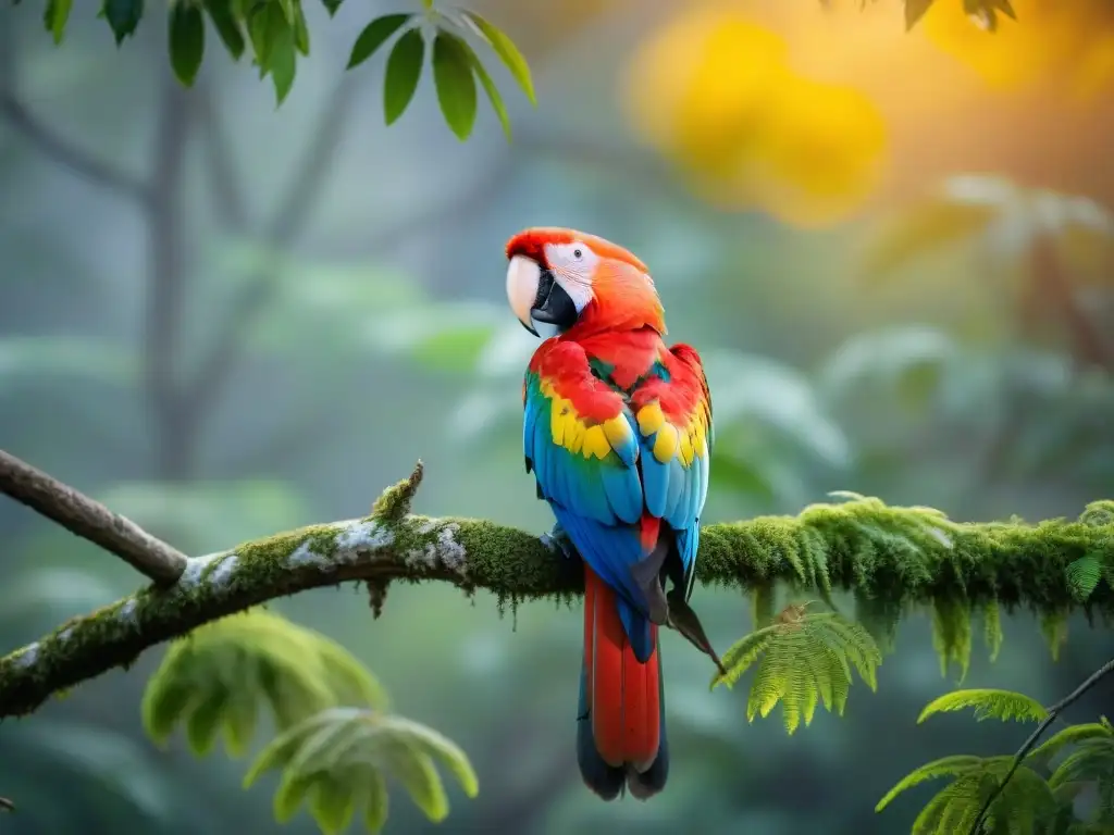 Imponente guacamayo escarlata en bosque de Uruguay al atardecer