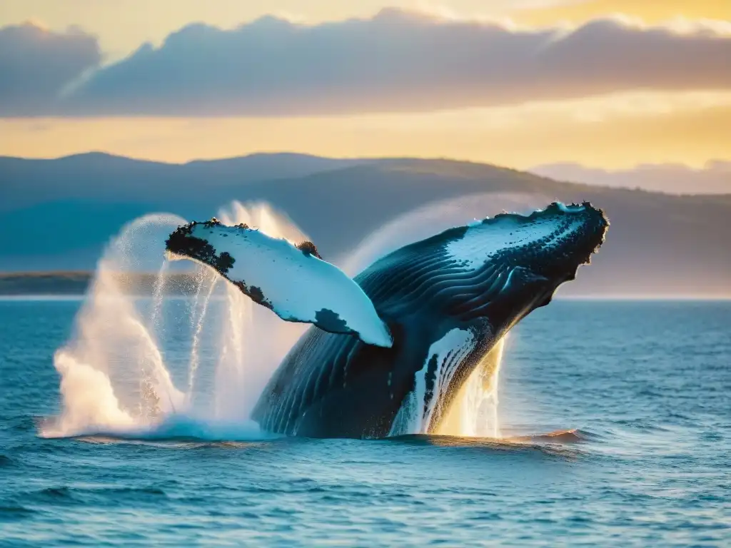 Imponente ballena jorobada saltando al atardecer en Uruguay, con gotas de agua suspendidas