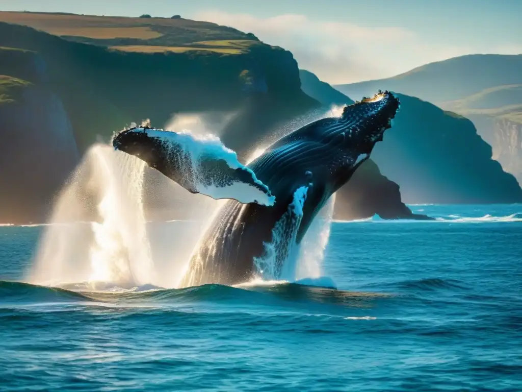 Imponente ballena jorobada emergiendo en Uruguay, con barcos y costa al fondo