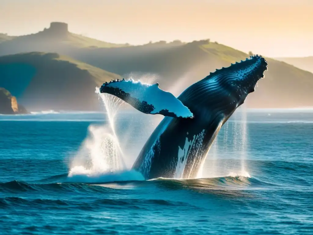 Imponente ballena jorobada emergiendo del océano, con destellos de agua bajo el sol y la costa de Uruguay de fondo