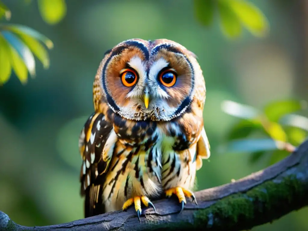 Imponente búho real (Strix aluco) en un bosque verde de Uruguay