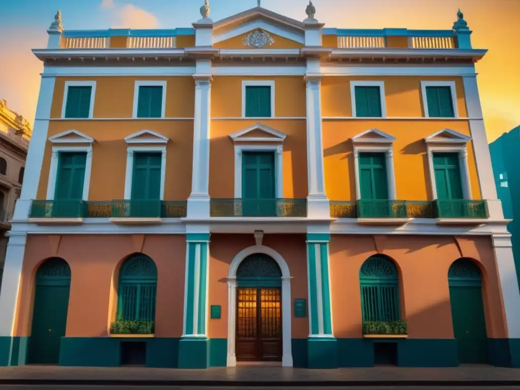 El imponente Cabildo de Montevideo al atardecer, con sus sombras y leyendas urbanas Montevideo entrelazadas en su fachada detallada