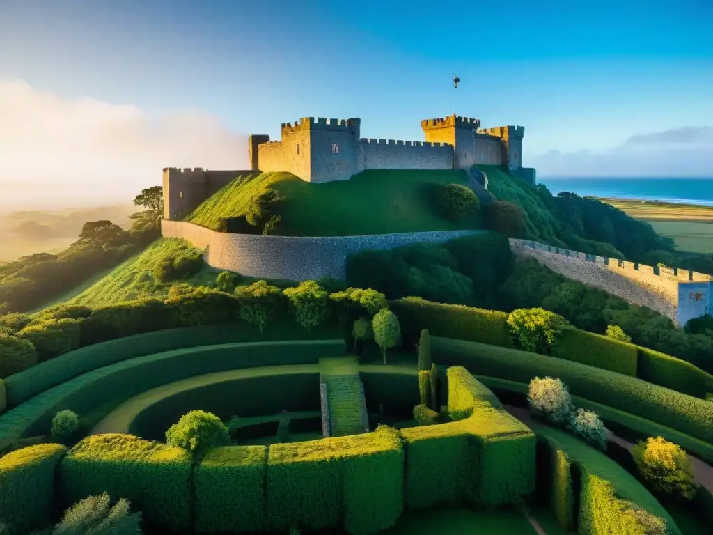 Imponente Castillo de Piria en Uruguay, bañado por la luz dorada, rodeado de naturaleza exuberante