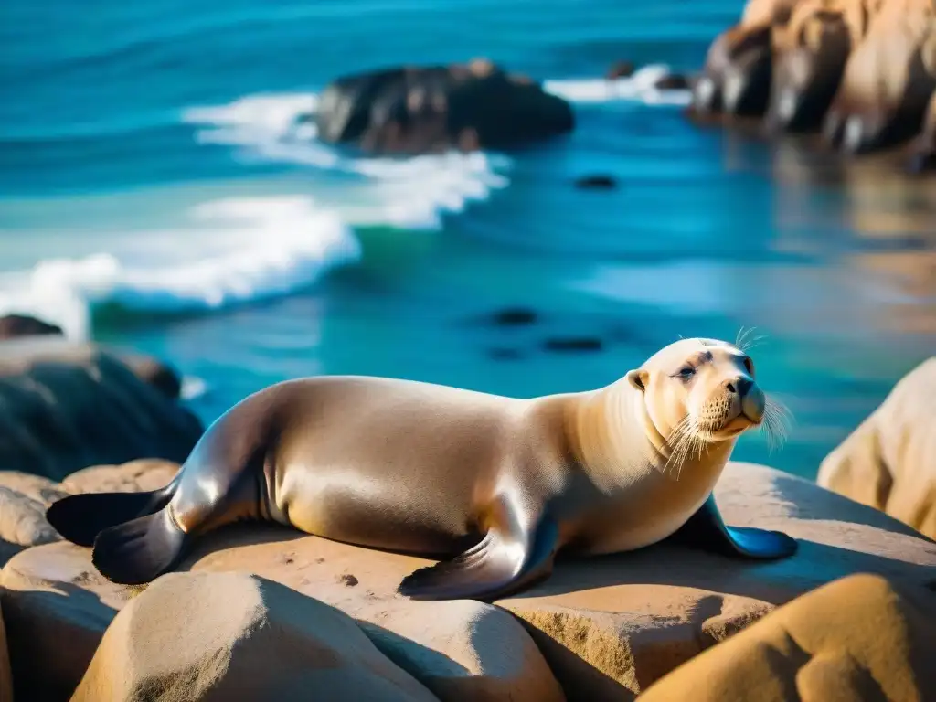 Imponente león marino descansando en la costa rocosa de Uruguay, con olas cristalinas de fondo