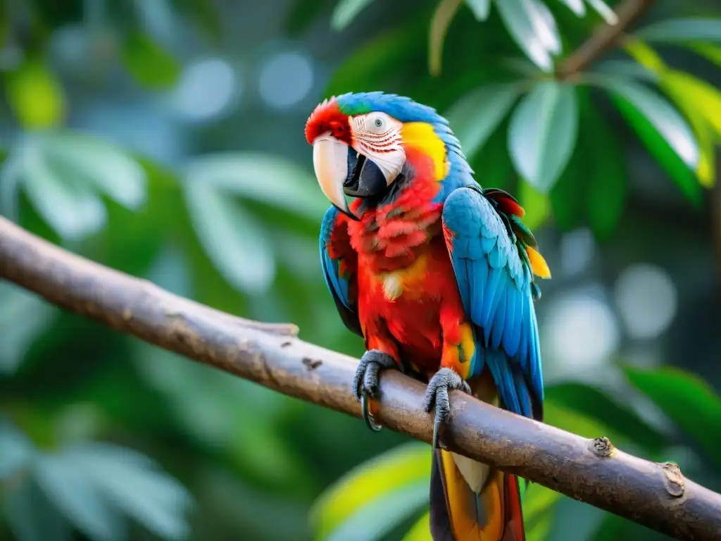 Imponente guacamayo escarlata en un árbol de la selva, destacando su plumaje rojo, azul y amarillo