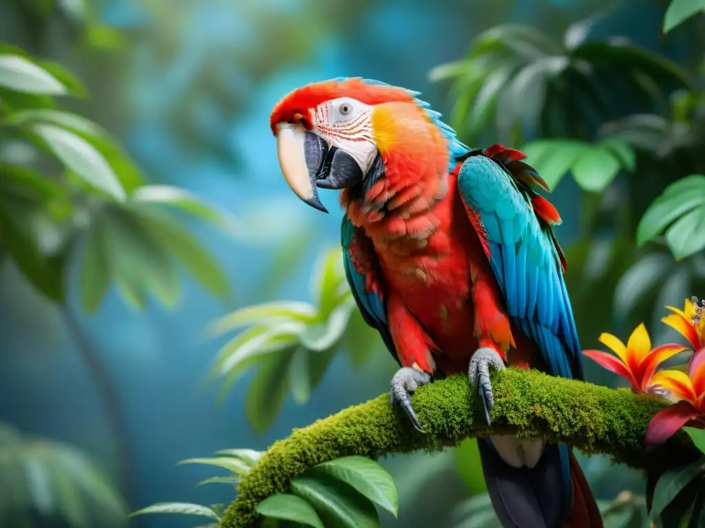 Imponente Guacamayo Escarlata en un árbol verde de Uruguay, plumaje rojo, azul y amarillo brillando bajo la luz del bosque tropical