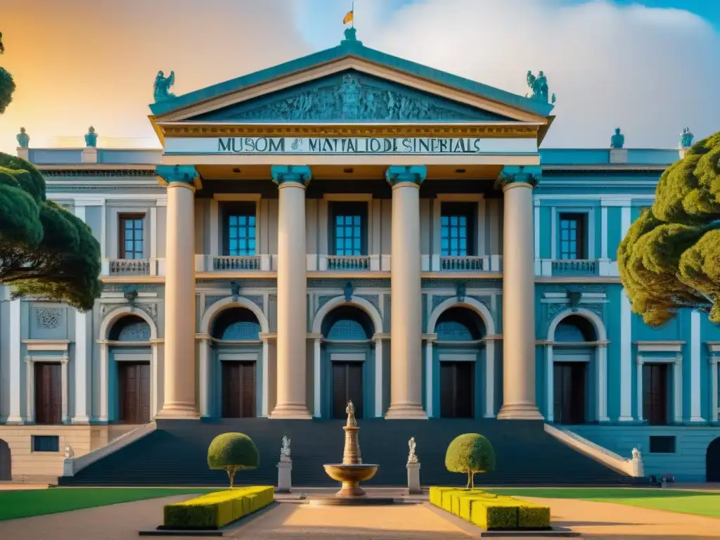 Imponente fachada del Museo Nacional de Artes Visuales en Montevideo, resaltada por la luz dorada del sol